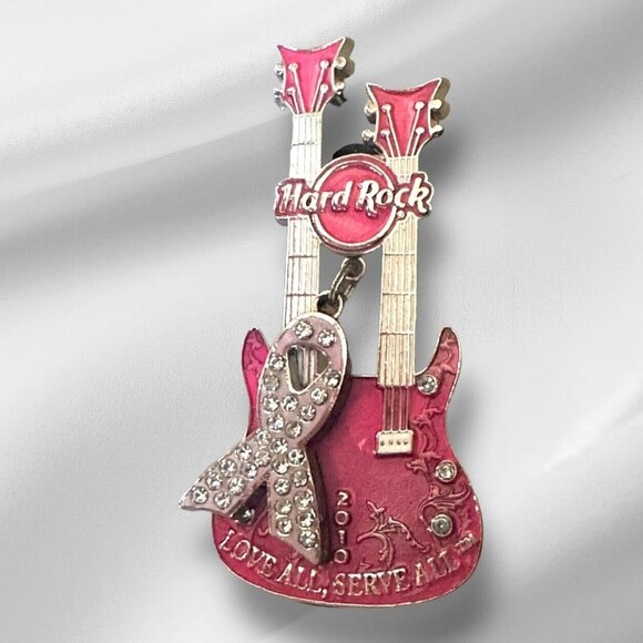 Hard Rock Cafe 2010 - Love All Serve All Breast Cancer - Pink Ribbon Guitar Pin - Picture 1 of 7